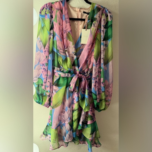 Alex Marie Floral Dress crinkle chiffon v-neckline Long sleeves Size 6 - Picture 3 of 12